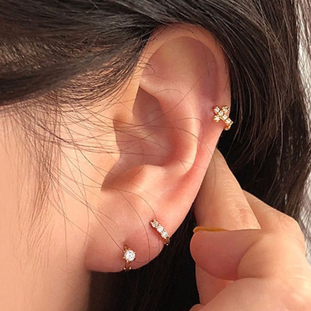 Needway  Korean Circle Ear Buckles Simple Cross Ear studs Rhinestone Hoop Earrings Women Round Shape Elegant Sweet Geometric Exquisite Fashion Jewelry