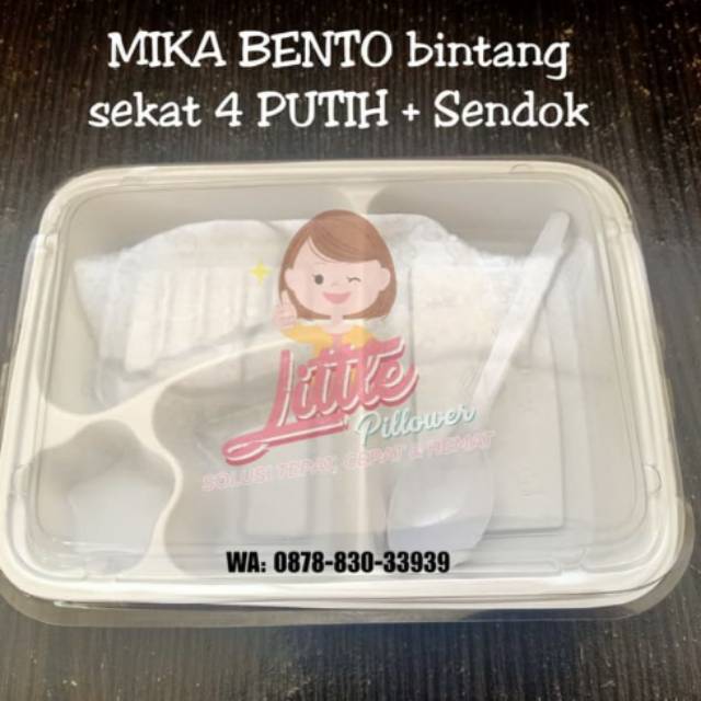 (ISI 25PCS) Mika Bento Sekat 4 PUTIH + Sendok/Tray Bento/Box Bento/Food Container