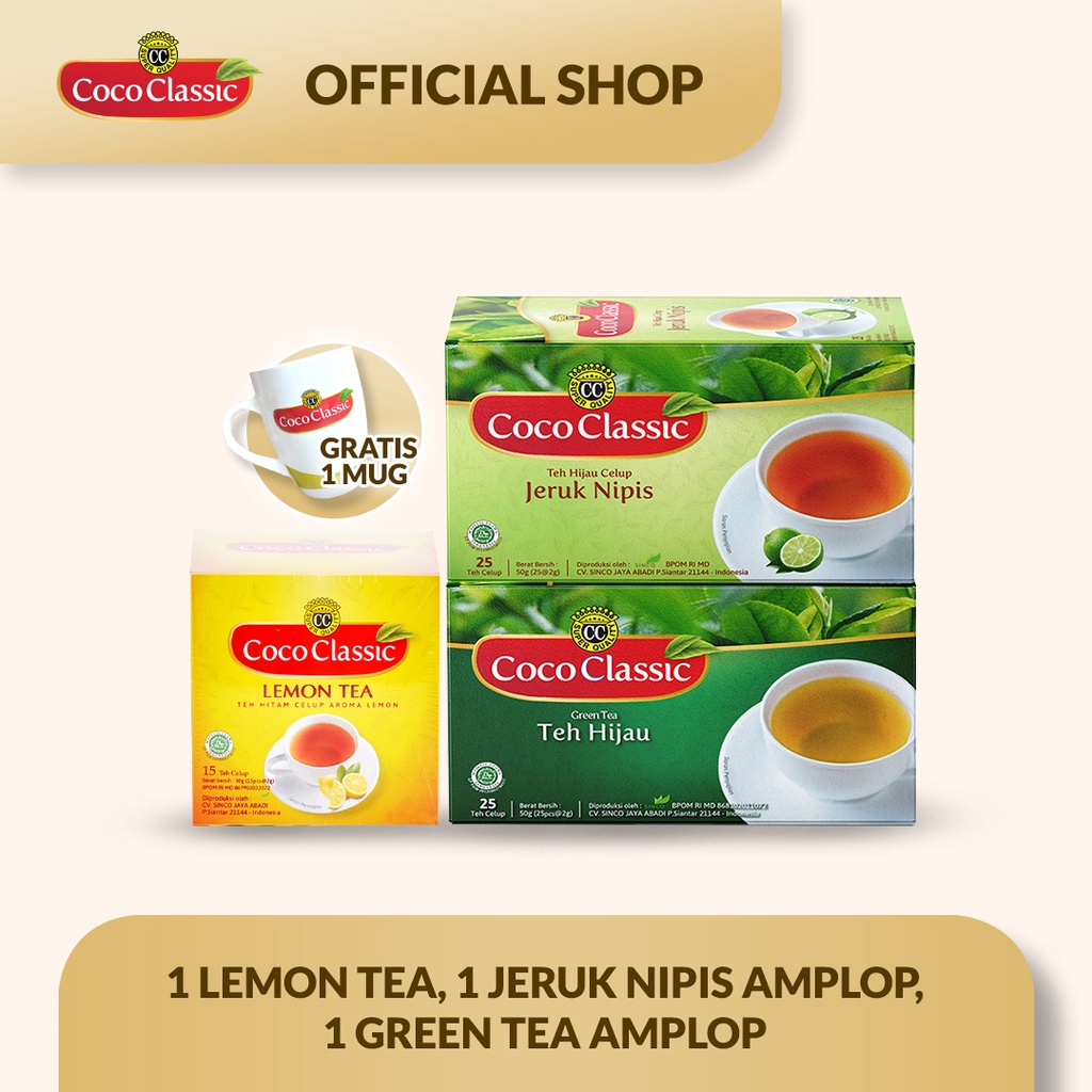 

Teh Coco Classic Promo Bundling 1 Box Lemon Tea, 1 Box Green Tea, 1 Box Lime Tea & Free Mug Cantik