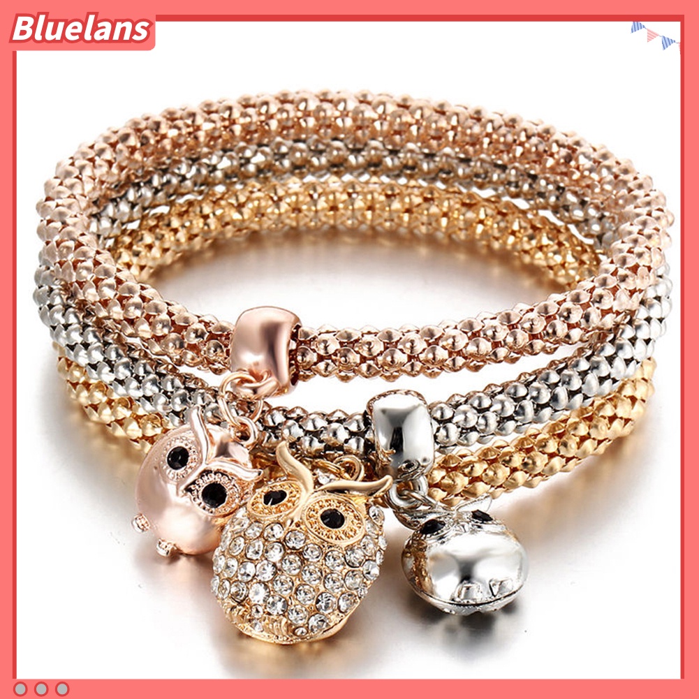 Bluelans 3Pcs Women Fashion Owl Tree Bracelets Rhinestone Pendant Bangle Jewelry Gift