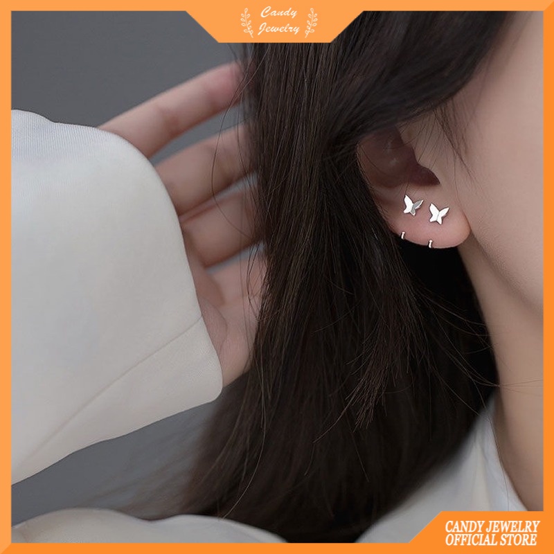 1 Pasang Anting Stud Mini Bentuk Kupu-Kupu Bahan Logam Lapis Emas Perak Untuk Wanita