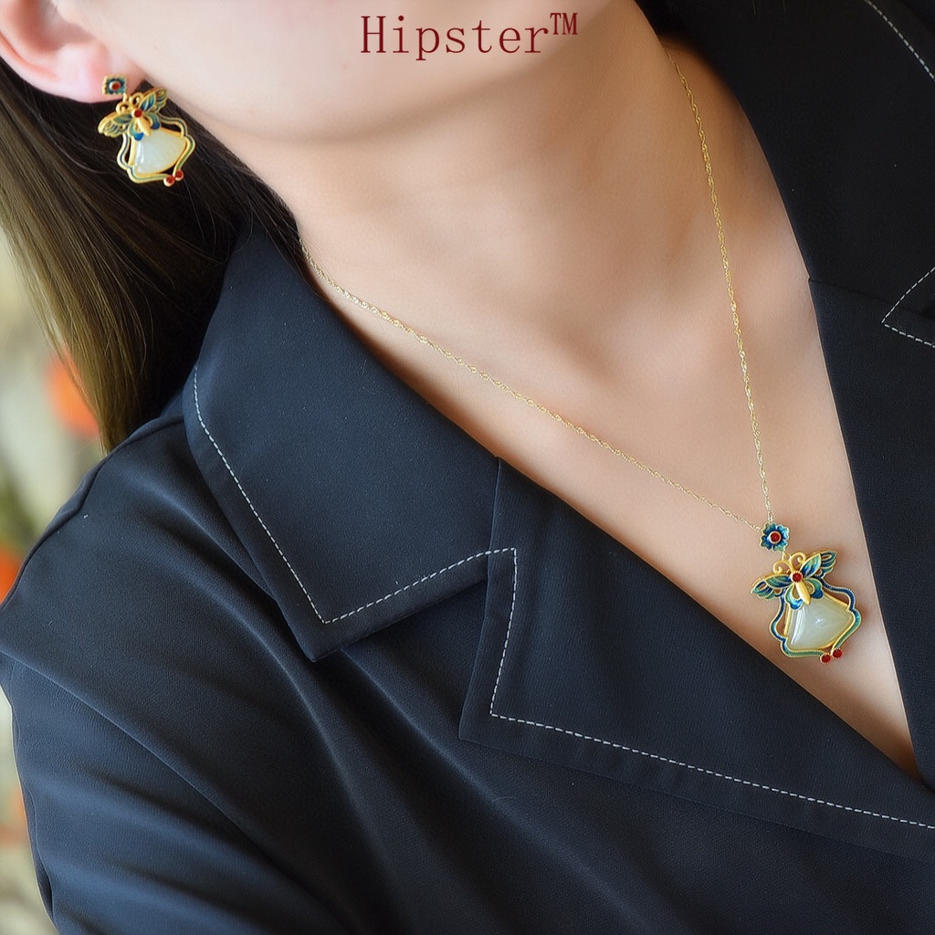 Butterfly Earrings Gold Inlaid Hetian Jade Necklace Women's Suit