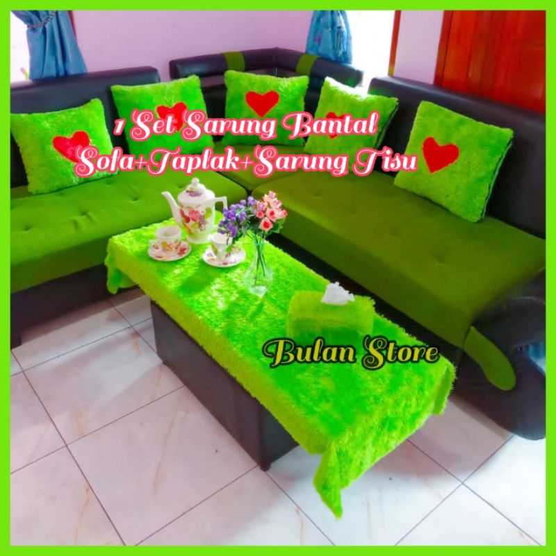 Taplak Meja Kaca Ruang Tamu 150x50cm 1 Set Bantal Sofa Kursi 40x40cm Dan Sarung Tisu Bulu Rasfur Tap