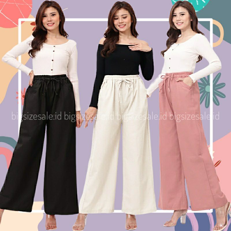 Celana Panjang Kulot Wanita Katun Linen Big Size Pinggang Karet