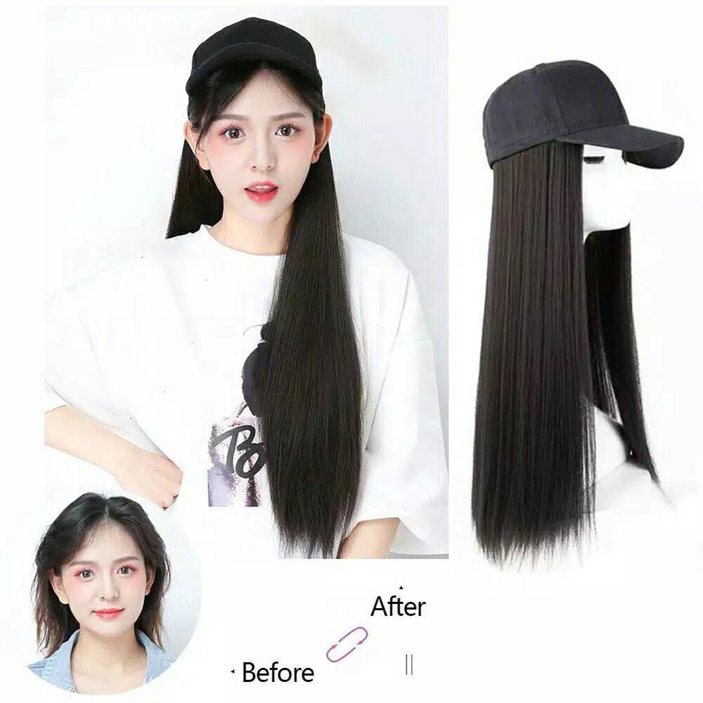 Topi baseball wig panjang 60cm rambut estension palsu