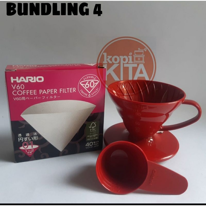 bundling 4 v60 dripper 02 merah jepang dan paper isi 40