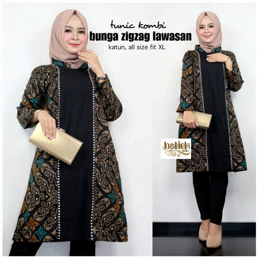 Tunik Kombi Bunga Zigzag Lawasan Batik Marini Midi Casual Kerja Modern Kantoran Muslim Pesta Baru