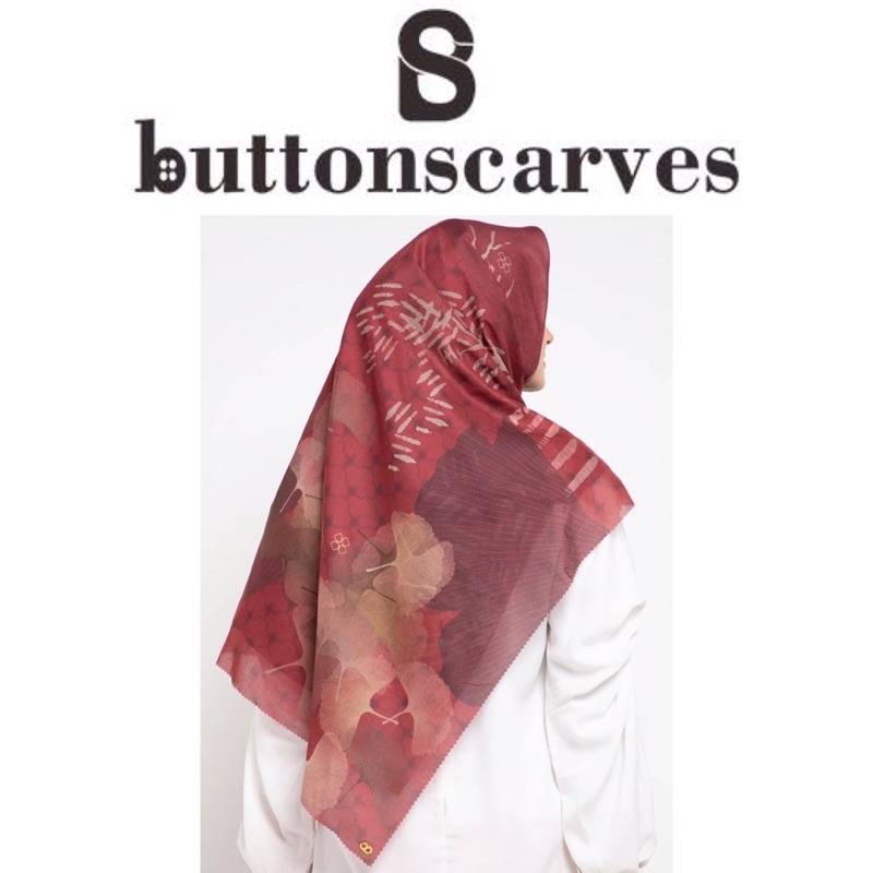 [New Box Lengkap] Buttonscarves - Ginkgo Series Voile Square XL / Jumbo - Red Bean