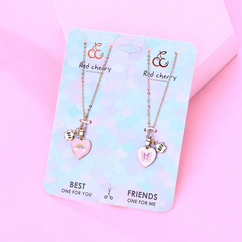 2pcs / Set Kalung Rantai Dengan Liontin Hati Butterfly Untuk Anak Perempuan