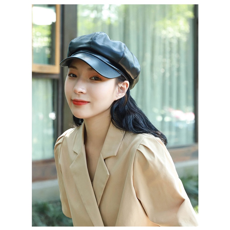 Qiu Dong Topi Baret Octagonal Bahan Kulit Pu Untuk Wanita