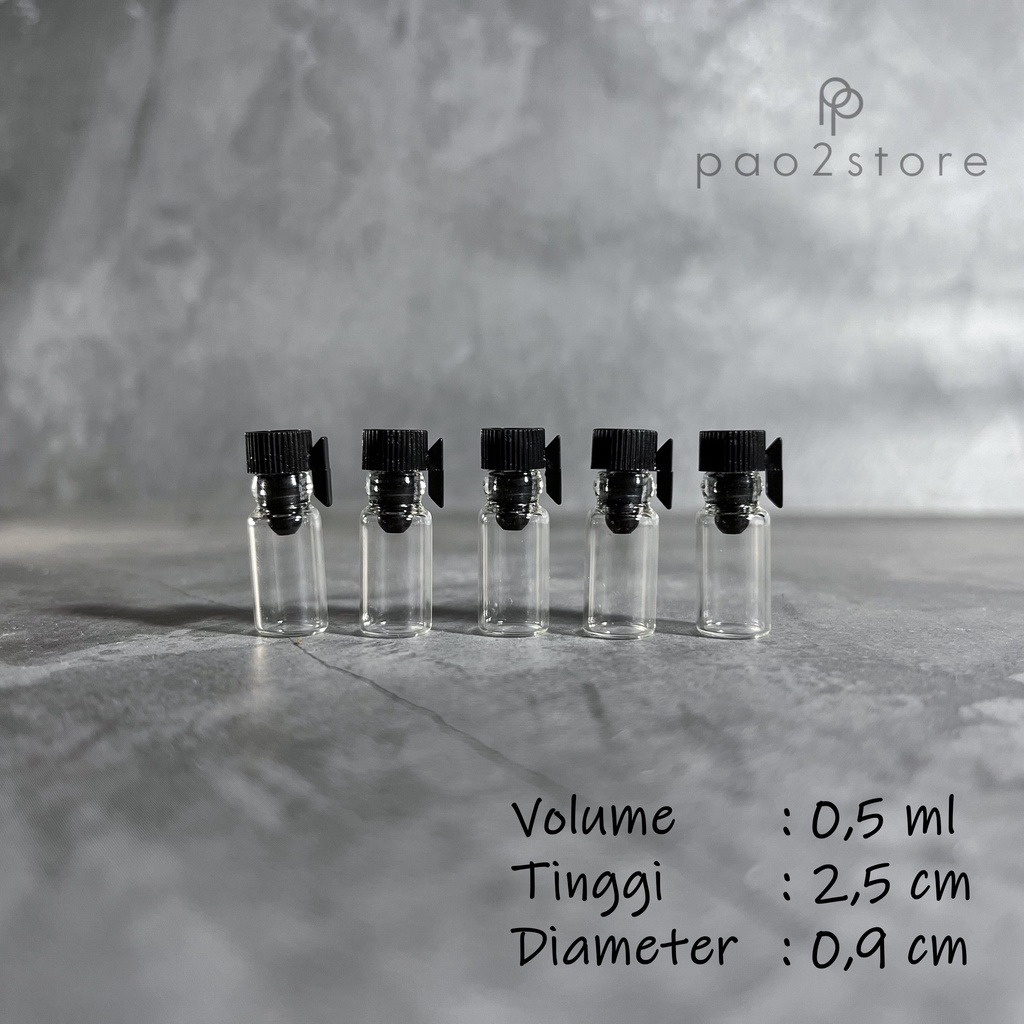 Vial 0,5ml Botol Tester Sample Parfum Kaca model Stik Panjang Lidi - Tutup Hitam