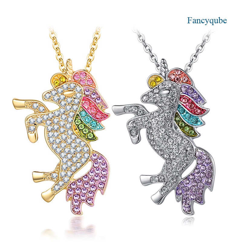 Fancyqube Kalung Liontin Unicorn Lapis Emas 18k Hias Berlian Cz Untuk Anak