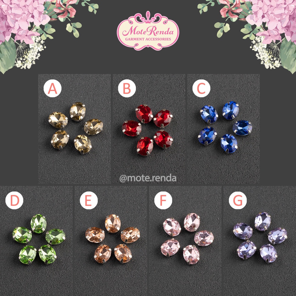 Payet kristal jahit orient, rhinestone with claws bentuk oval (harga per lusin), kode 0OOR