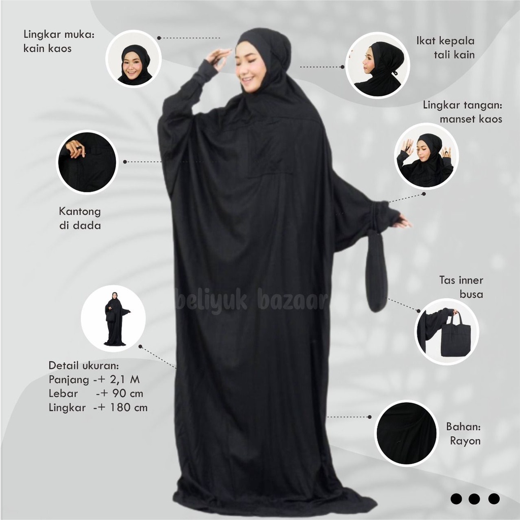 Mukena Mukenah Terusan Malaysia Manset Rayon Jumbo Dewasa Travel Adem Dingin Halus Lembut Hitam