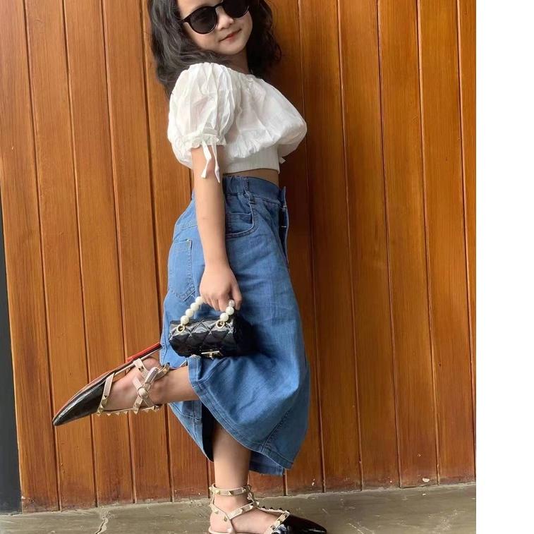 Modern.. SSP5-Setelan Set Anak ABG Perempuan Crop Top + Rok Jeans SABRINA