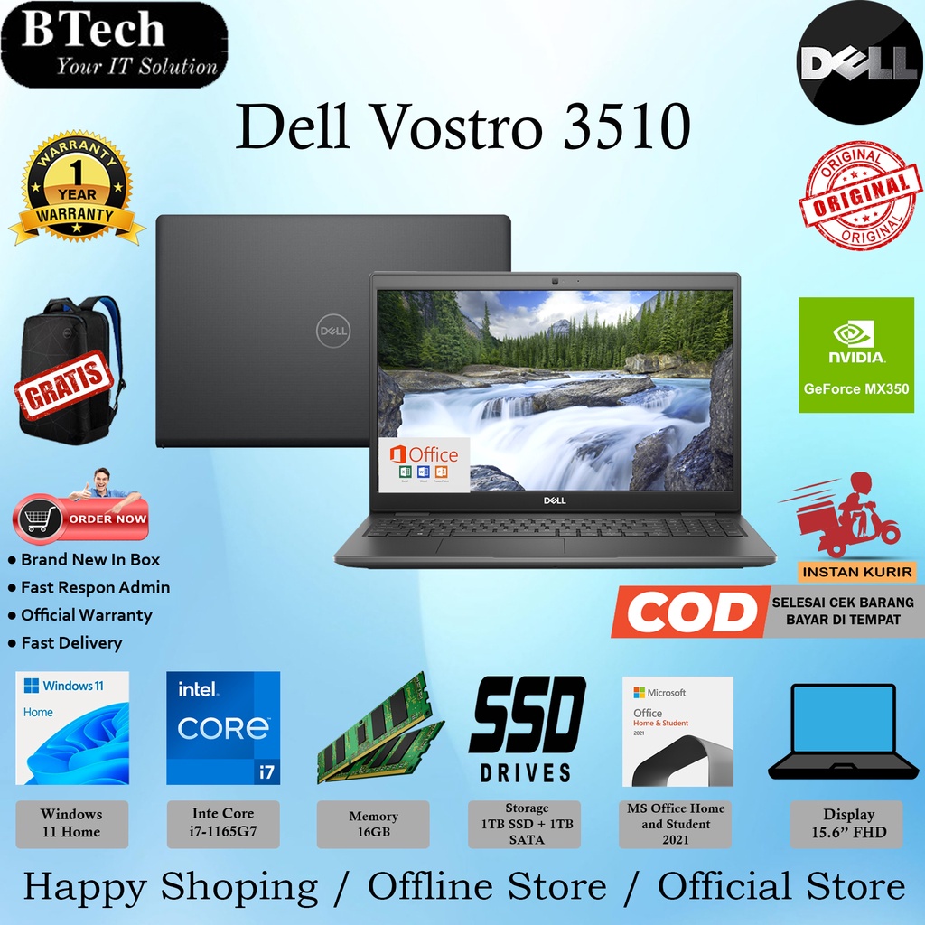 Dell Vostro 3510 Core i7-1165G7 16GB 1TB+1TB SSD VGA 2GB W11H+OHS 1YR