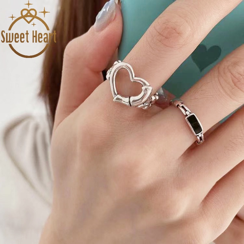 2pcs / Set Cincin Jari Telunjuk Model Terbuka Desain Hati Hollow Untuk Wanita