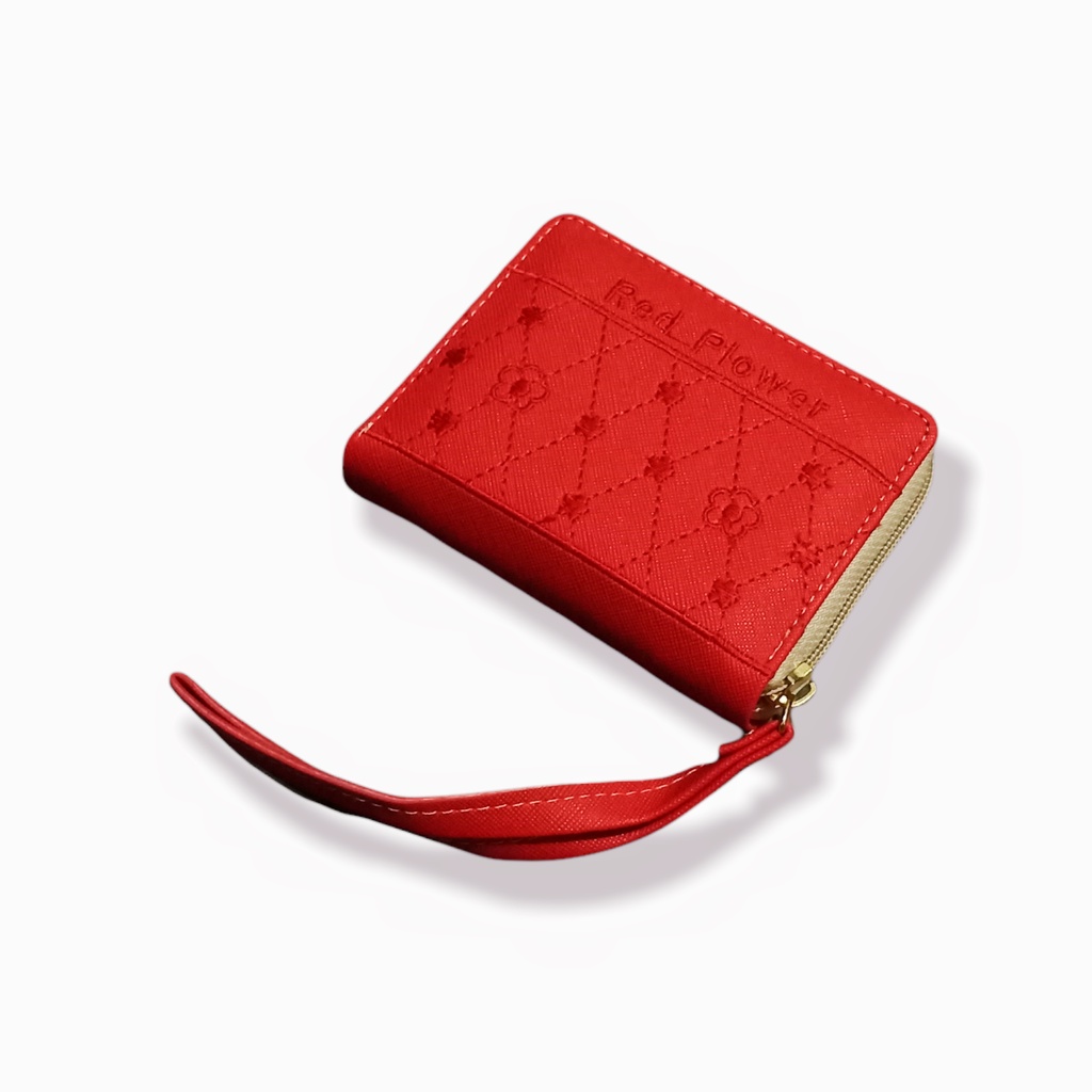 Red Flower Dompet Pendek Wanita  Kotak Kotak Women Short Wallet bayar ditempat