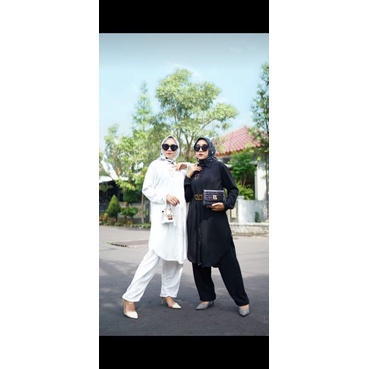 BISA COD TIARA ONESET ONE SET TUNIK POLOS HITAM PUTIH SETELAN LONG TUNIC SETCEL CRINCKLE AIRFLOW BUS