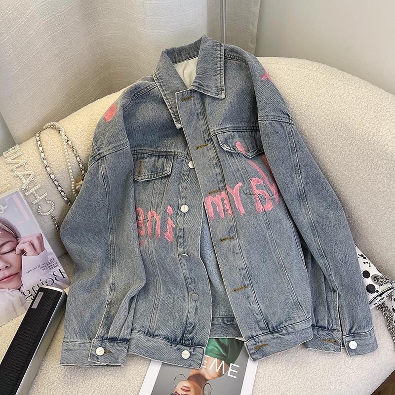 Nico## - Jaket Jeans Oversize Import Printed Denim Gaya Sporty Amerika Musim Gugur Korean Style/jaket jeans wanita