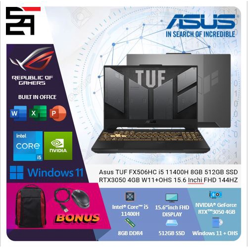 Asus TUF FX506HC i5 11400H 16GB 512GB SSD RTX3050 4GB W11+OHS 15.6 Inchi FHD 144HZ RGB