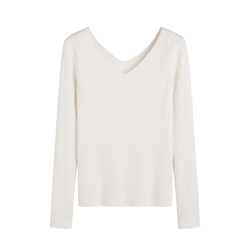 【Elegant】Korean Solid Rib Knit V Neck Sweater E087