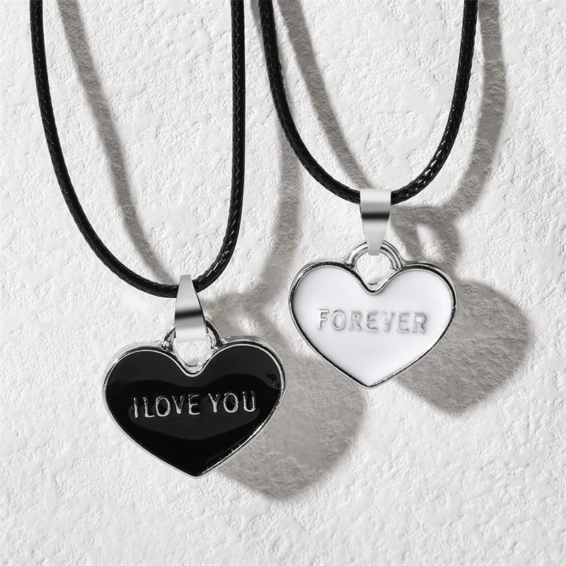 Fashion Hari Valentine Cinta Hati Liontin Kalung Perhiasan Hadiah Hitam Putih Selamanya Pasangan I LOVE YOU Romantic Necklaces Wanita Pria