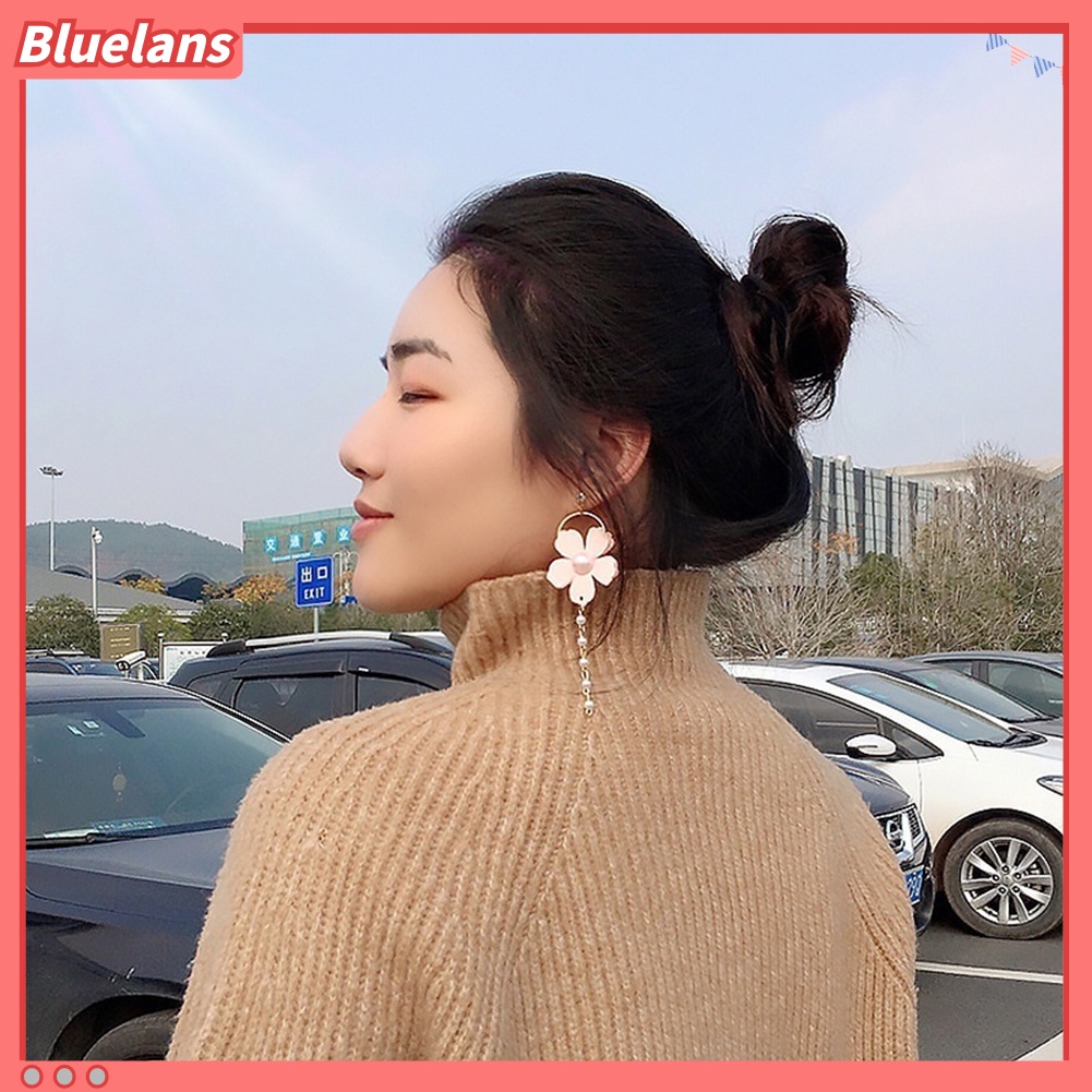 Bluelans Fashion Women Chiffon Flower Faux Pearl Circle Long Dangle Stud Earrings Jewelry