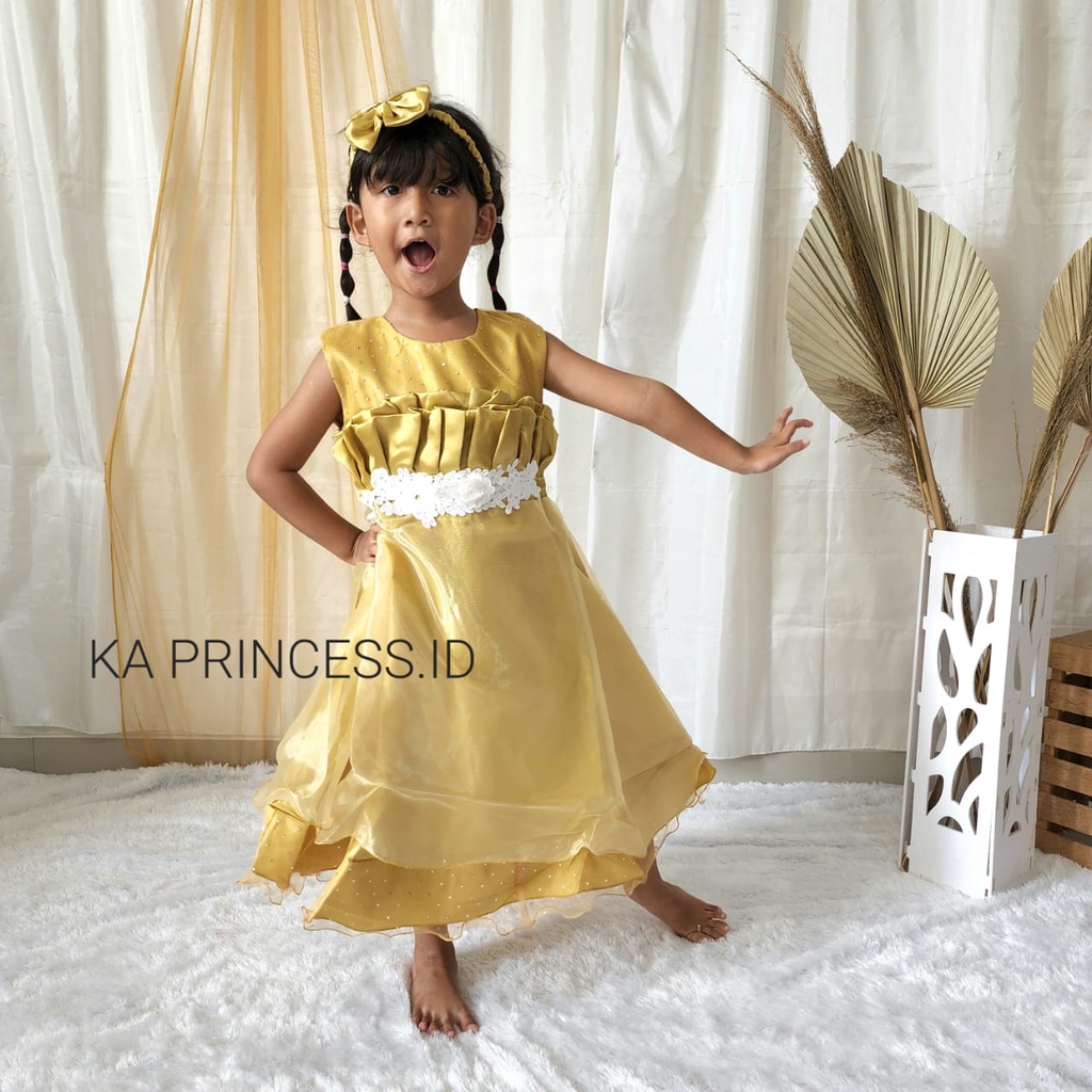 Dress Gold Anak Perempuan 4 5 Tahun Gaun Tutu Brukat Warna Gold Baju Pesta Mewah Impor Bahan Premium KA03