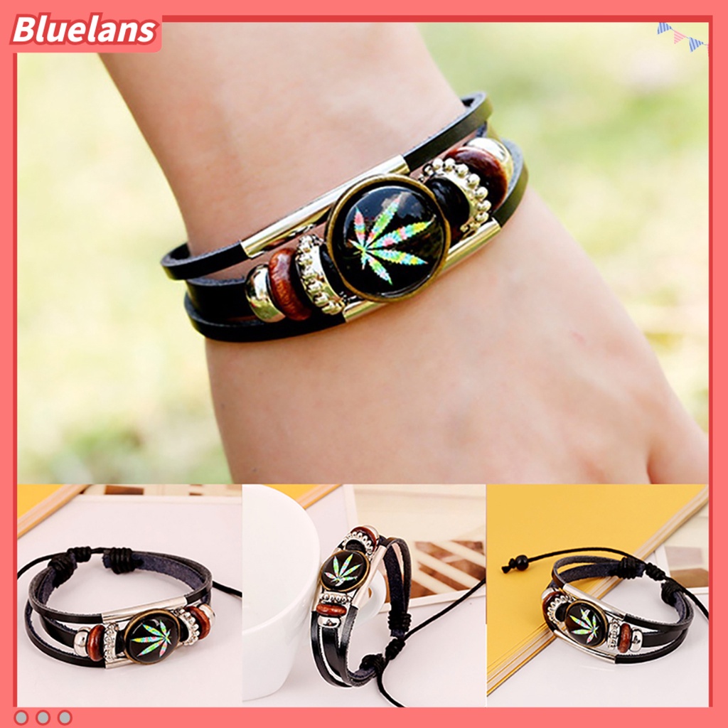 Bluelans Punk Unisex Maple Leaf Beads Faux Leather Wristband Jewelry Party Club Bracelet