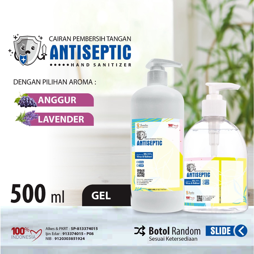 HandSantizer Gel Putihan  Antiseptic Varian Aroma Segar / Varian Buah Segar 500 ML BOTOL  PUMP