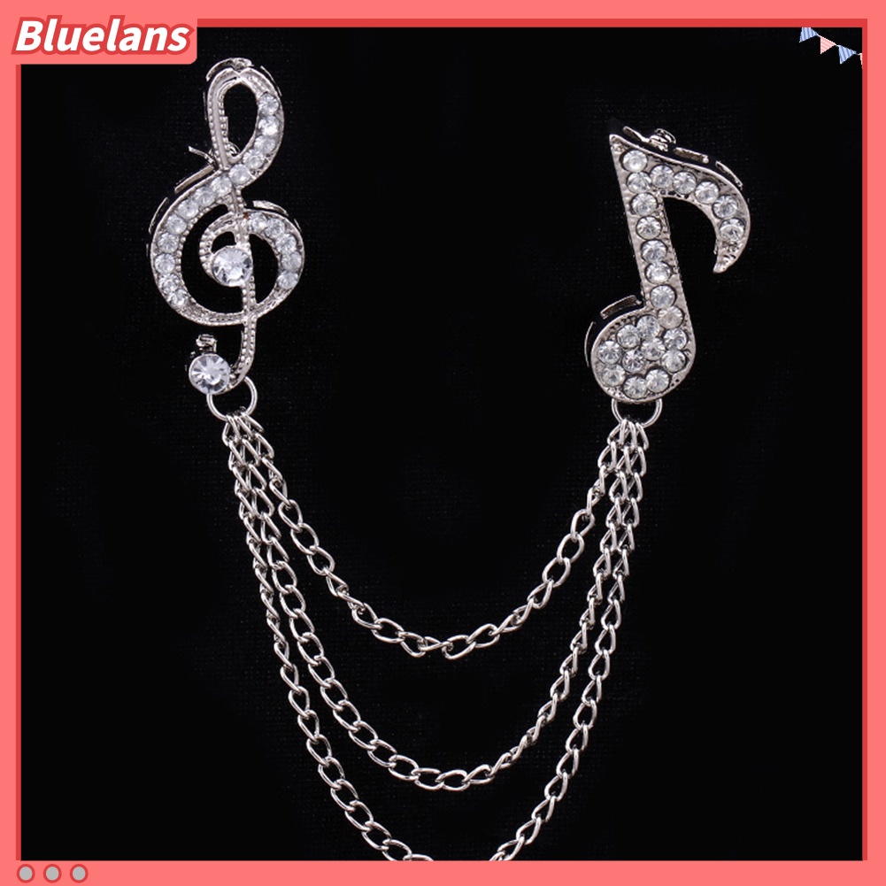 Bluelans Bros Pin Unisex Desain Not Musik Aksen Rantai Rumbai Berlian Imitasi Untuk Kerah / Syal