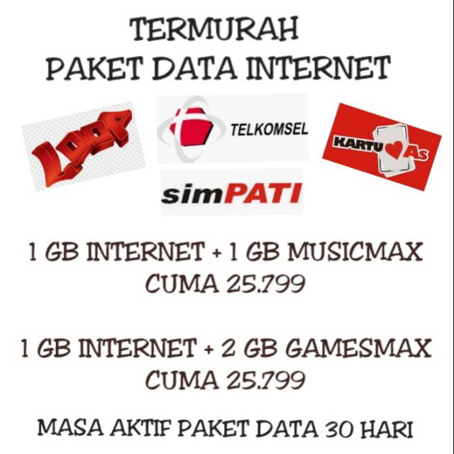 PAKET DATA TELKOMSEL 1 GB + 1 GB MUSICMAX DAN 1GB + 2 GB GAMESMAX AKTIF 30 HARI
