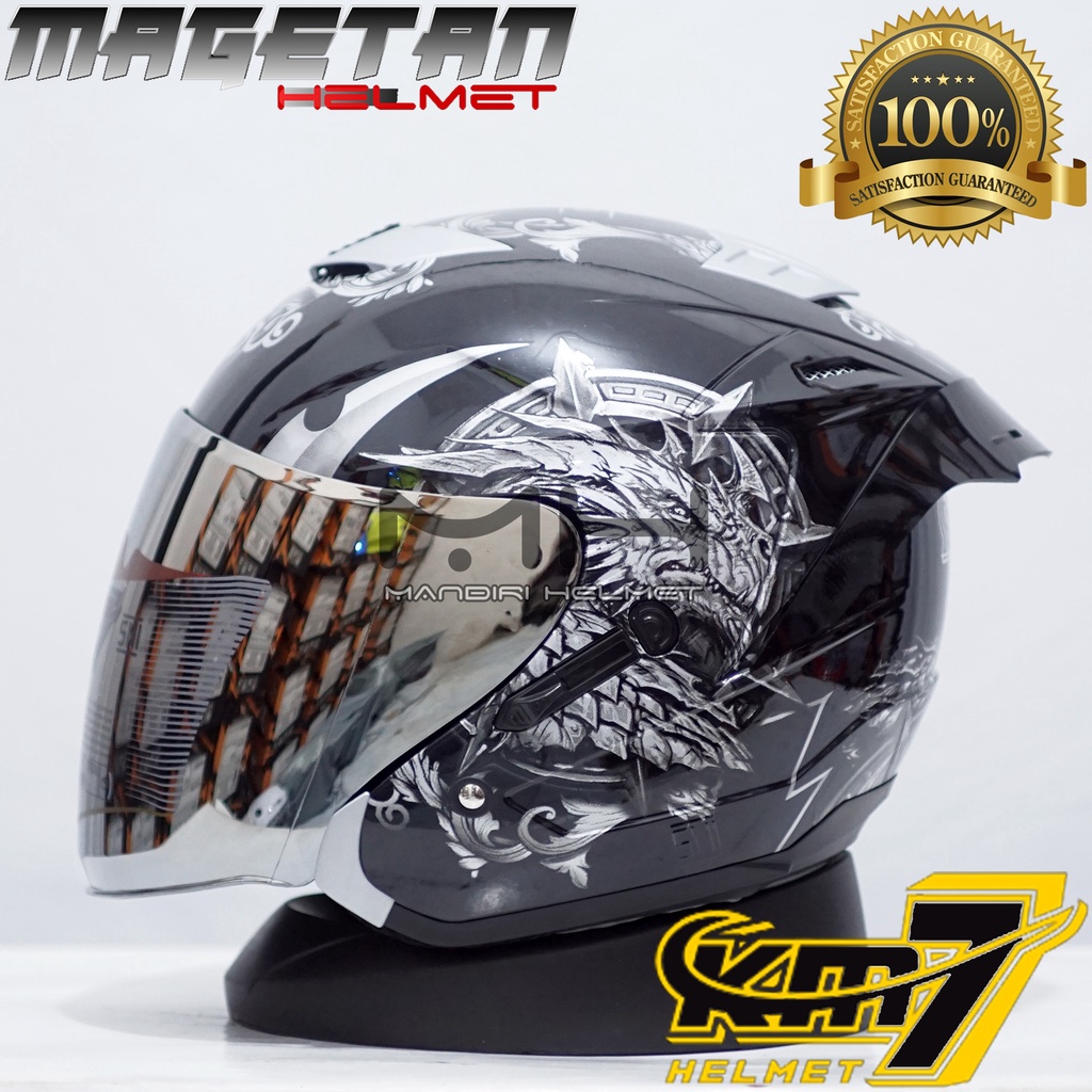 (Paket ganteng spoiler) HELM KM7 SEVEN KING BLACK GLOSSY SILVER-BK/SIL + Spoiler