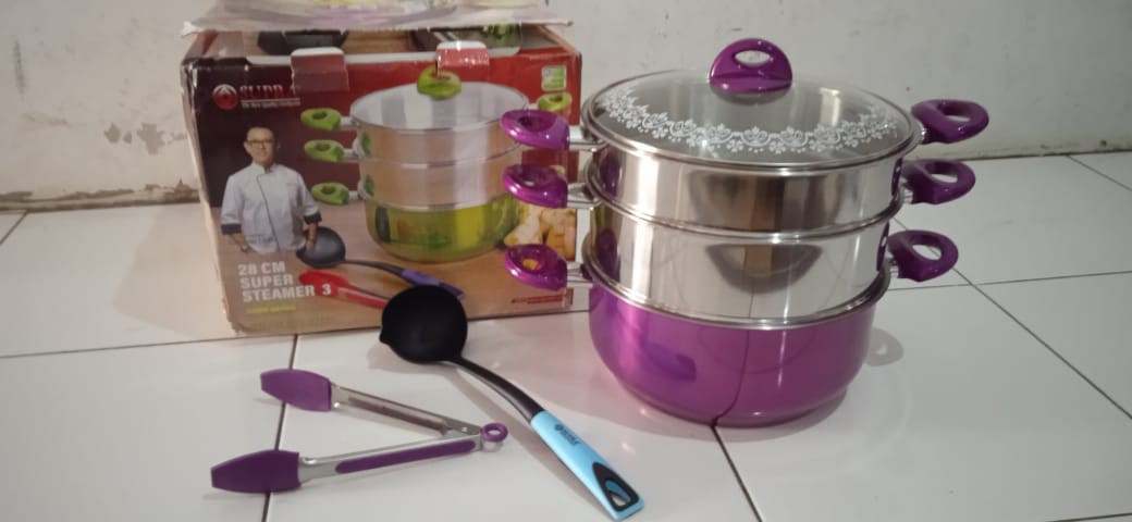 (khusus Ojek) Panci Supra Super Steamer New 28cm 3 Susun Warna + Tong + Laddle