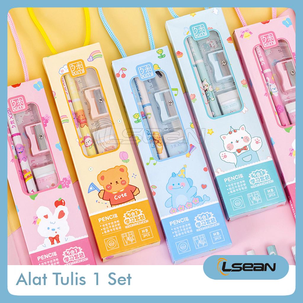 Stationery Set Alat Tulis Sekolah 5 in 1 Lengkap Pensil Penggaris Penghapus Rautan Lucu