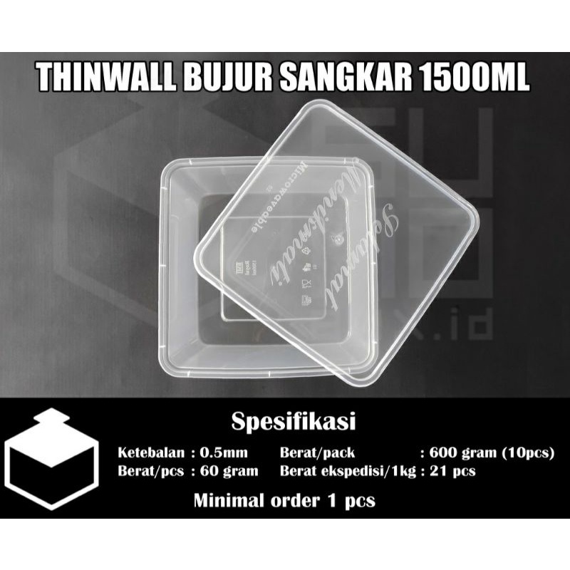 Thinwall BUJUR SANGKAR 1500ml + Tutup / Kotak Makan Plastik 1500 ml FREE PACKING