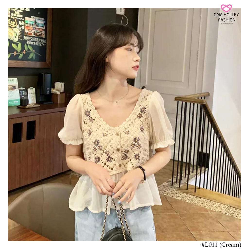 (COD) OH Fashion Korean Blouse Rajut Bordir Lengan Pendek