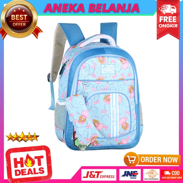 Ransel Backpack Sekolah Anak Cewek Cahaya Princess Strip Biru Lucu Keren Imut Free Tempat Pensil