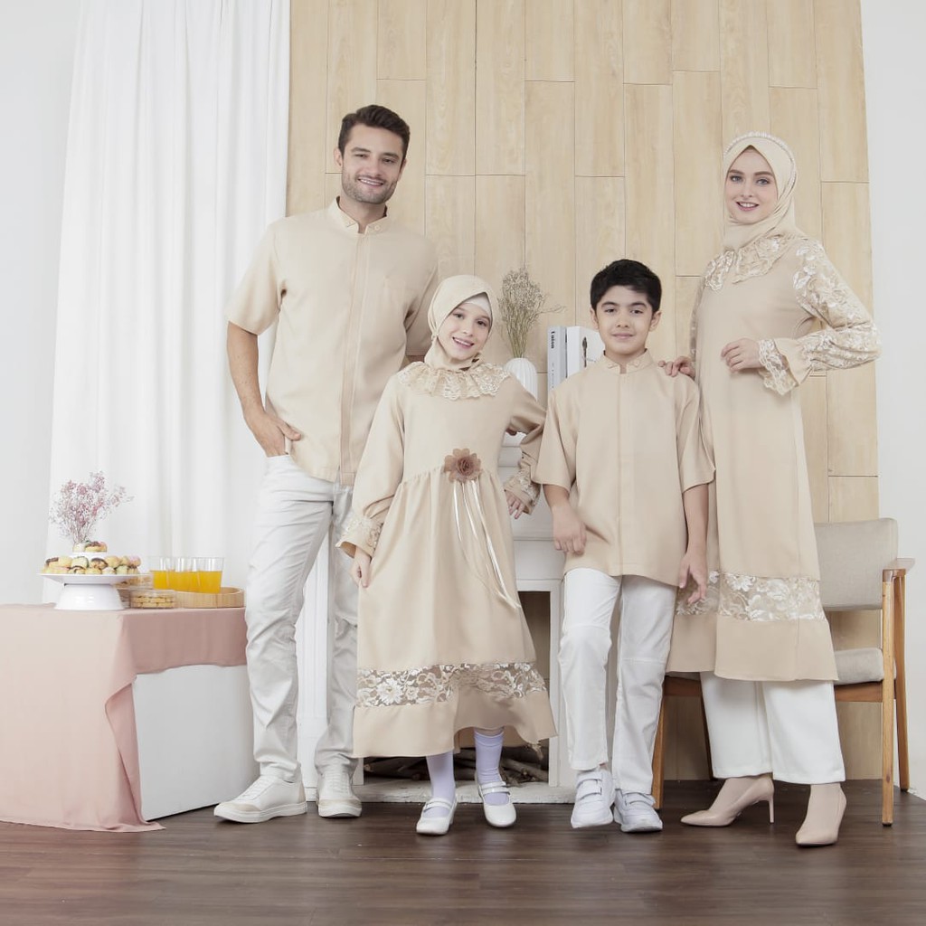 Baju Lebaran Tunik Couple Family Sarimbit Seragam Keluarga Brokat Nyaman Menyusui CQ 2106 Cream