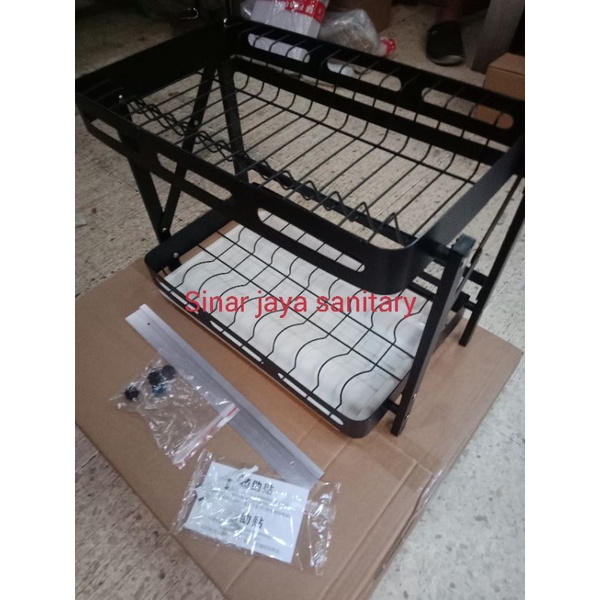 Rak piring dua susun hitam stainless stell 45cm / Rak dapur serba guna / Rak piring gantung black stainless