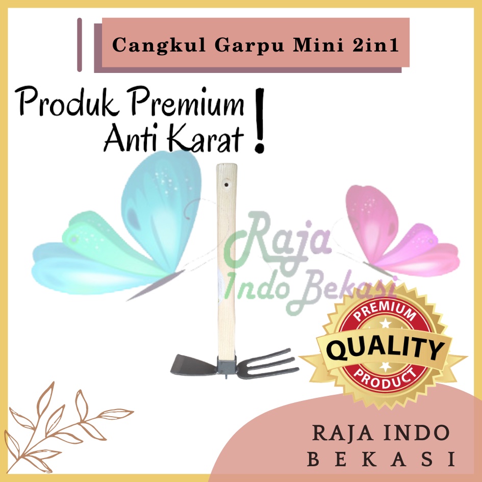 Cangkul Garpu Mini 2in1 Multifungsi Gagang Kayu Anti Karat