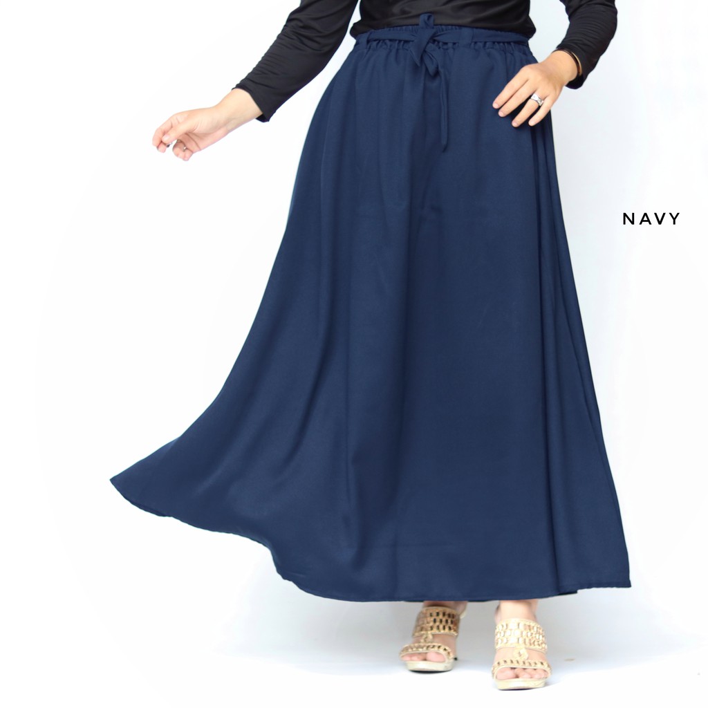 Rok payung panjang mosscrepe premium | rok panjang polos | rok kerja | maxi skirt | rok tali-navy