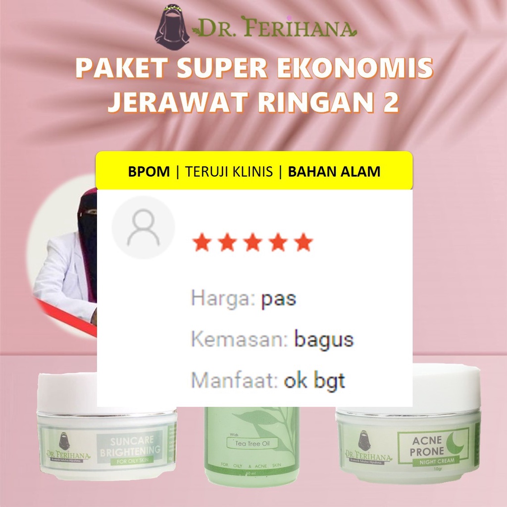 Paket Super Ekonomis Jerawat Ringan 2 dr. Ferihana Cosmetics &amp; Skincare Merupakan Paket Perawatan Wajah untuk Kulit Berjerawat dan Berminyak yang Terdiri dari Facialwash Krim Siang SPF 33 Krim Malam