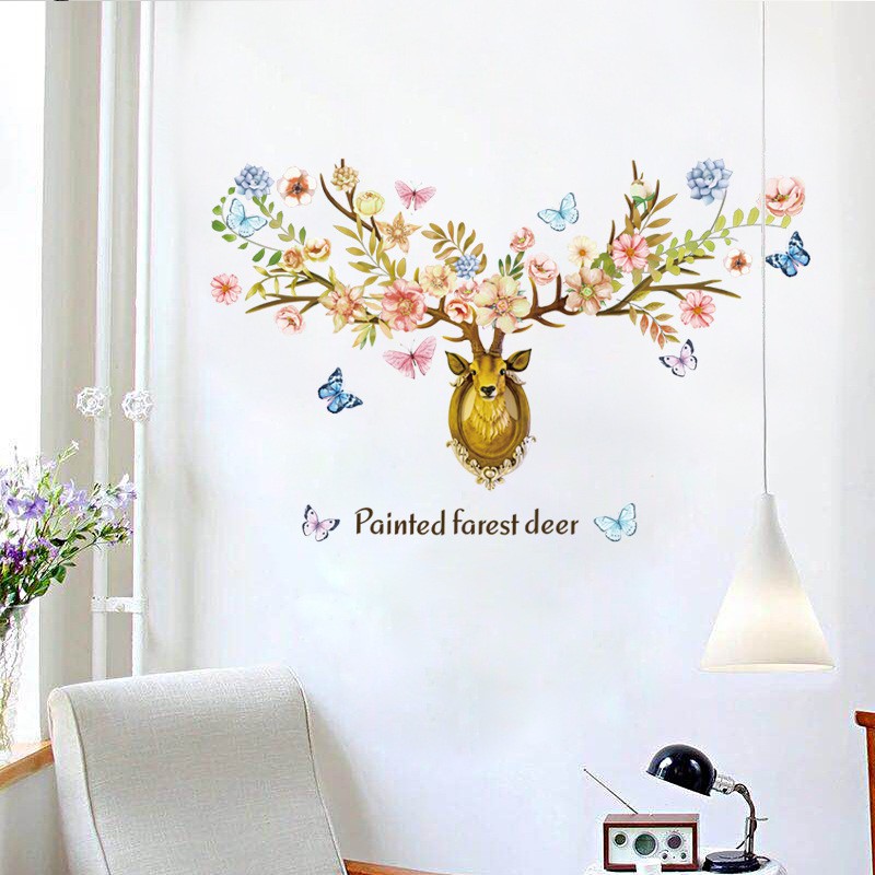 Reliza Wall Sticker Painted Farest Deer Flowers Kepala Rusa Stiker Dinding LDR