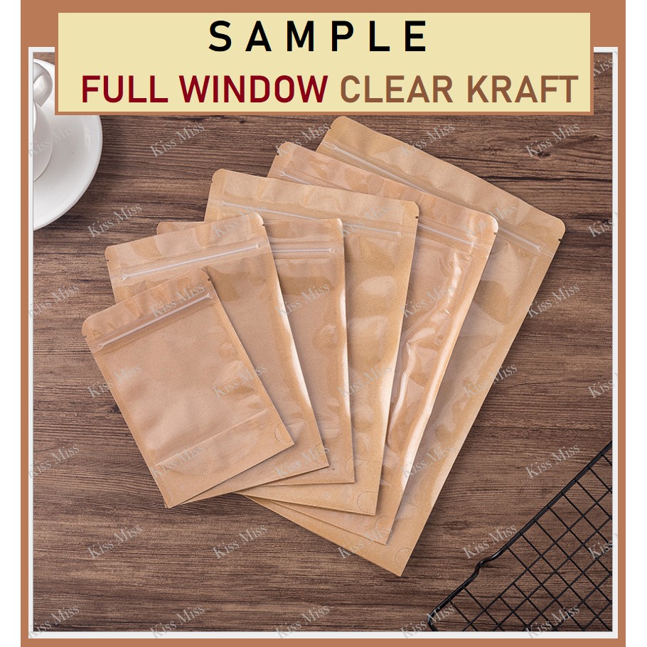 PAKET SAMPLE FULL WINDOW CLEAR KRAFT - standing pouch - kemasan makanan - keripik - biji - bubuk