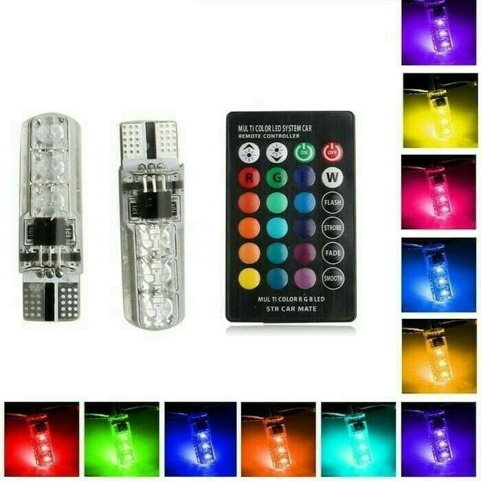 LAMPU LED T10 LAMPU SEN LAMPU REM LAMPU KOTA RGB BISA GANTI WARNA PAKAI REMOT Lampu Led Kota / Spedometer / Senja Remote T10 RGB Isi 2 pcs