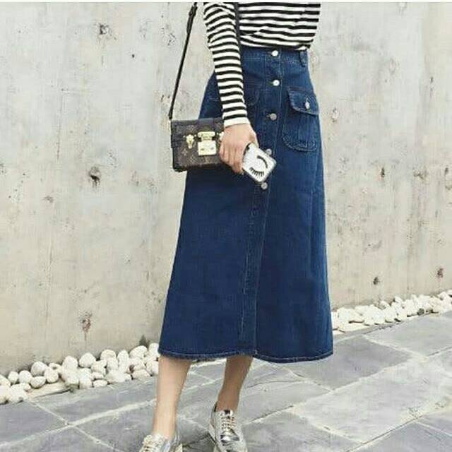 Midi Button Skirt, ROK JEANS, ROK WANITA