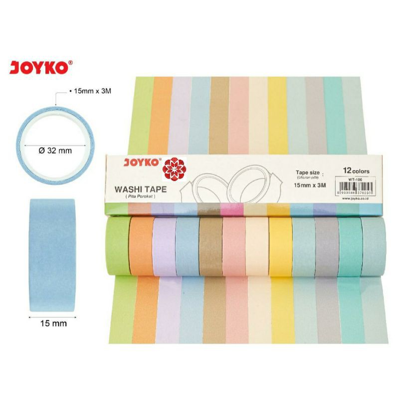 Washi Tape Joyko - Isolasi Warna - Pita Perekat 12 Warna 15mm x 3M