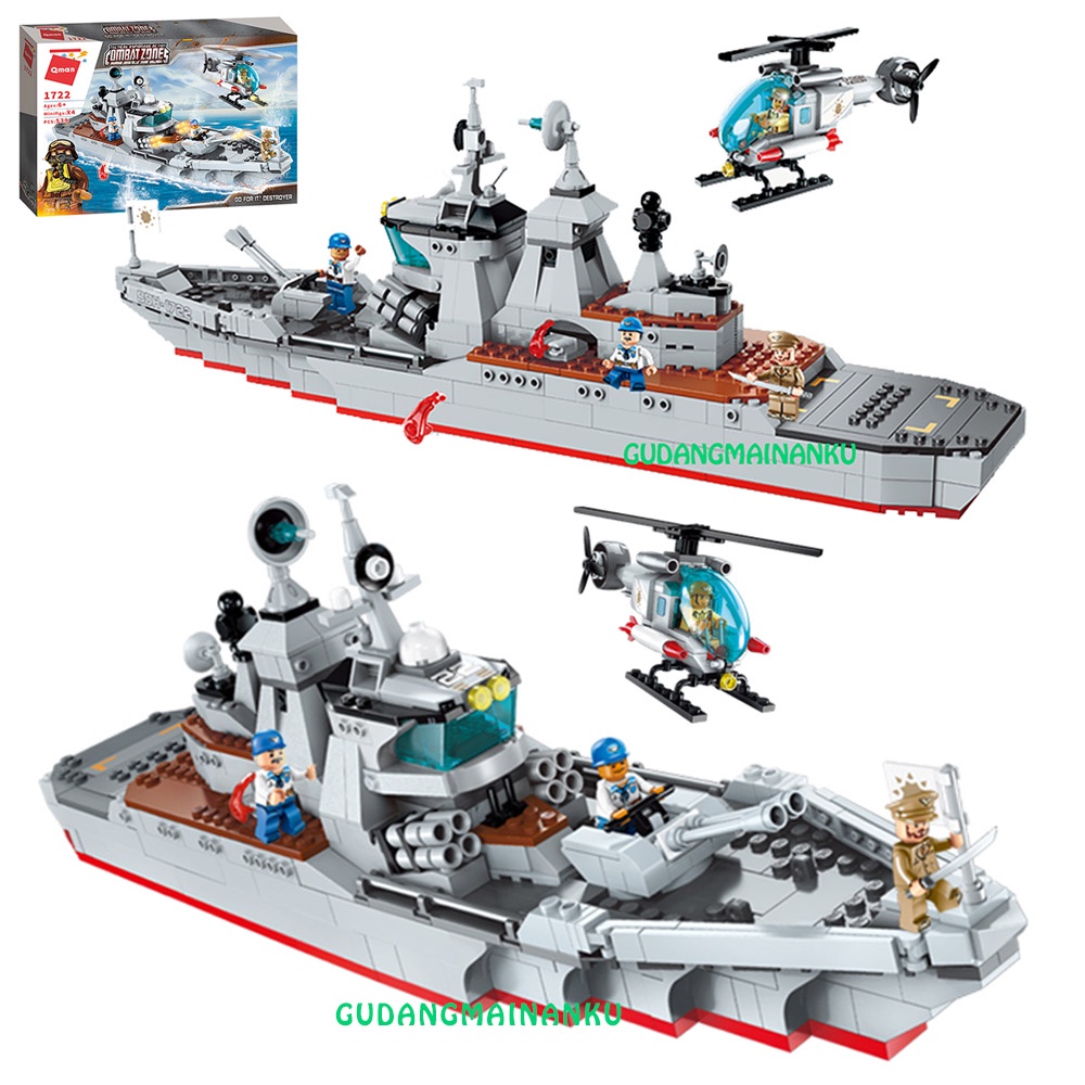 Bricks Blocks Qman 1722 Combat Zones Destroyer Ship Kapal Perang + Helicopter
